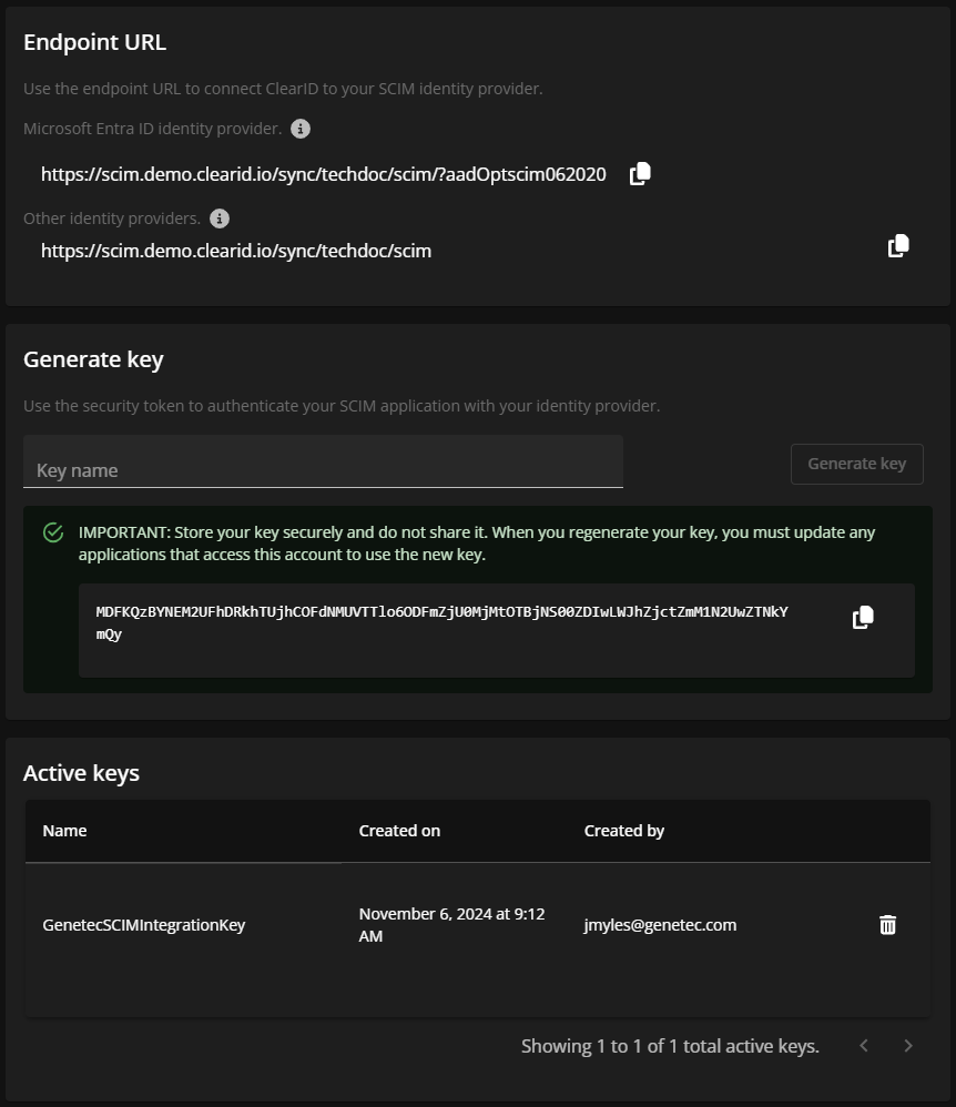 Generate key section of the SCIM integration tab on the Administration page in ClearID.