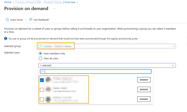 Microsoft Entra ID Provision on demand page showing a group selected with a list of members.