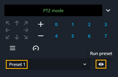 PTZ mode dialog in Genetec Operation web showing a preset selected from the Preset list and Run preset options highlighted.