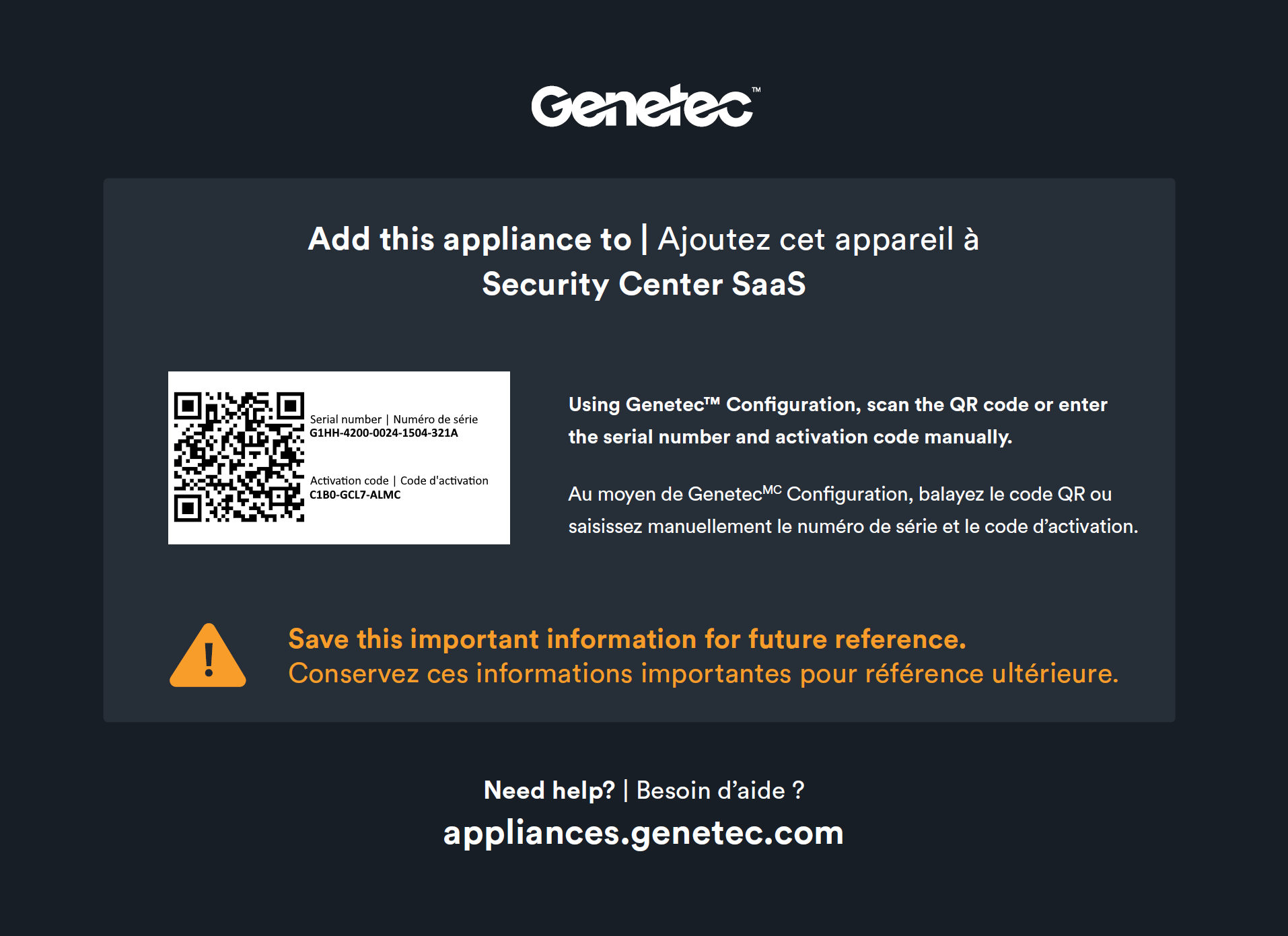 The insert card included with the appliance.