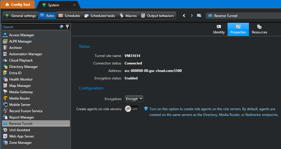 Reverse Tunnel role in Config Tool showing a connected tunnel.