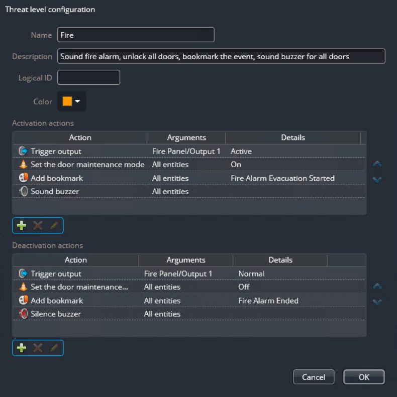 Threat level settings for fire scenario in Security Center SaaS.