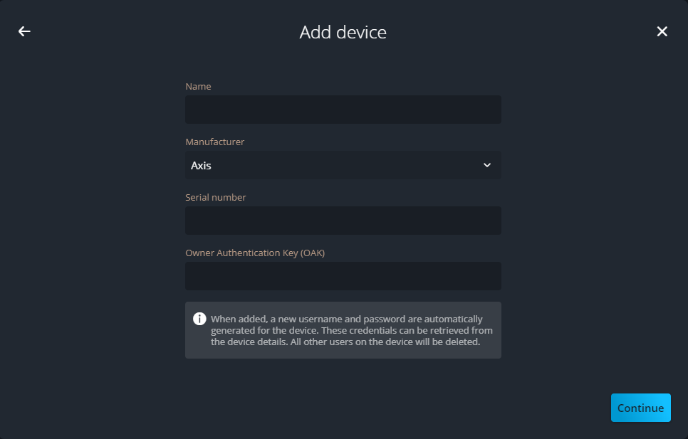 Add device fields in Genetec Configuration web, showing the required information for Axis.