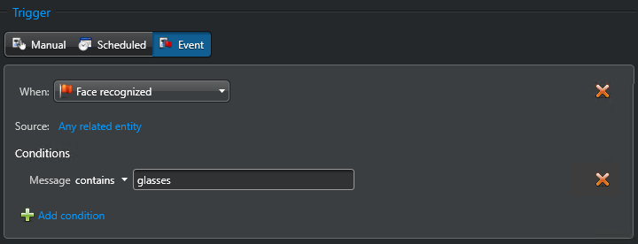 Automation trigger configuration for 'Face recognized' event using the Message condition.