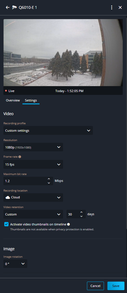 Camera settings tab in Security Center SaaS showing custom settings configuration.
