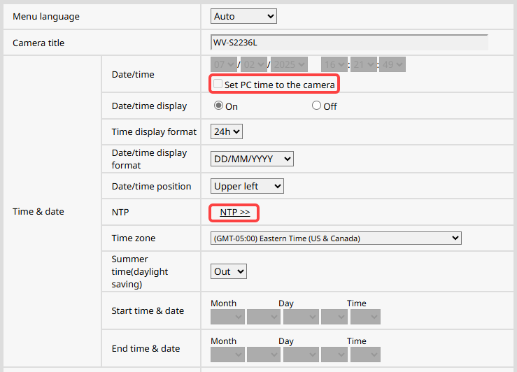 The Time & date configuration on an i-PRO camera with Set PC time to the camera and NTP settings highlighted.