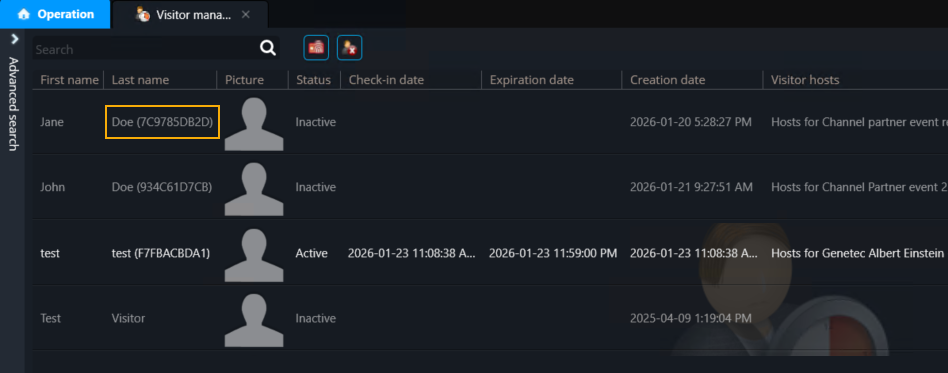 Visitor management task in Operation desktop, with last name field with registration code highlighted.