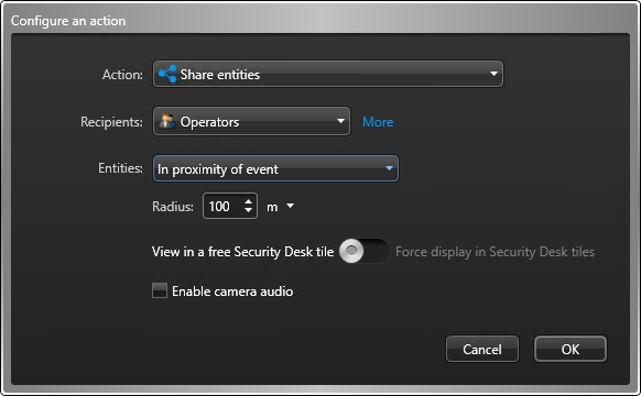 Configuring the "Share entities" action with the "In proximity of event" option.
